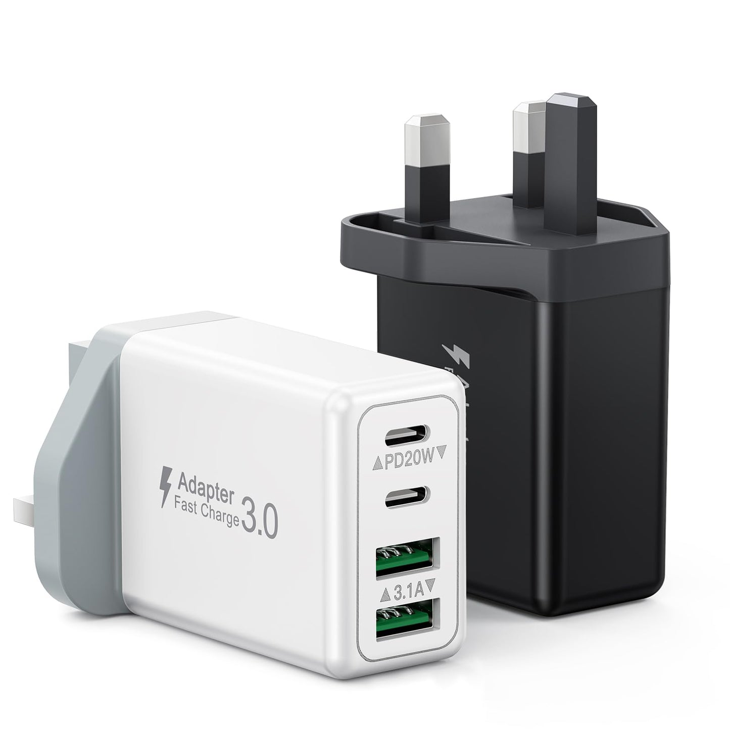 2-Pack USB C Plug Fast Charge, 40W 4-Port USB C Charger Plug UK, Dual USBC Power Adapter+ QC USB Wall Plug, Mutil Type C Charging Plug for iPhone 17