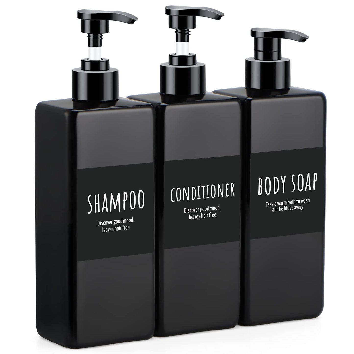 Segbeauty Shampoo and Conditioner Dispenser Refillable, 3pcs 16.9oz Shower Bottles Soap Dispenser with Labels, 500ml Empty Plastic Square Pump Bottle