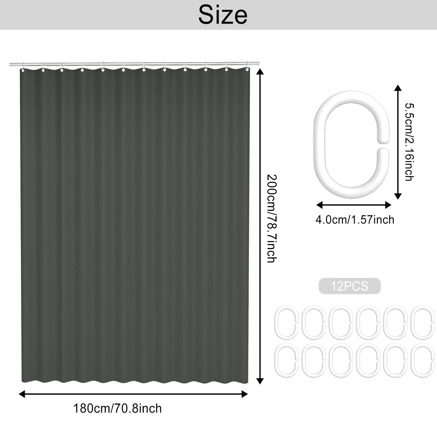 AwmnSrman Grey Shower Curtain - Shower Curtains for Bathroom with 12 Shower Curtains Hooks