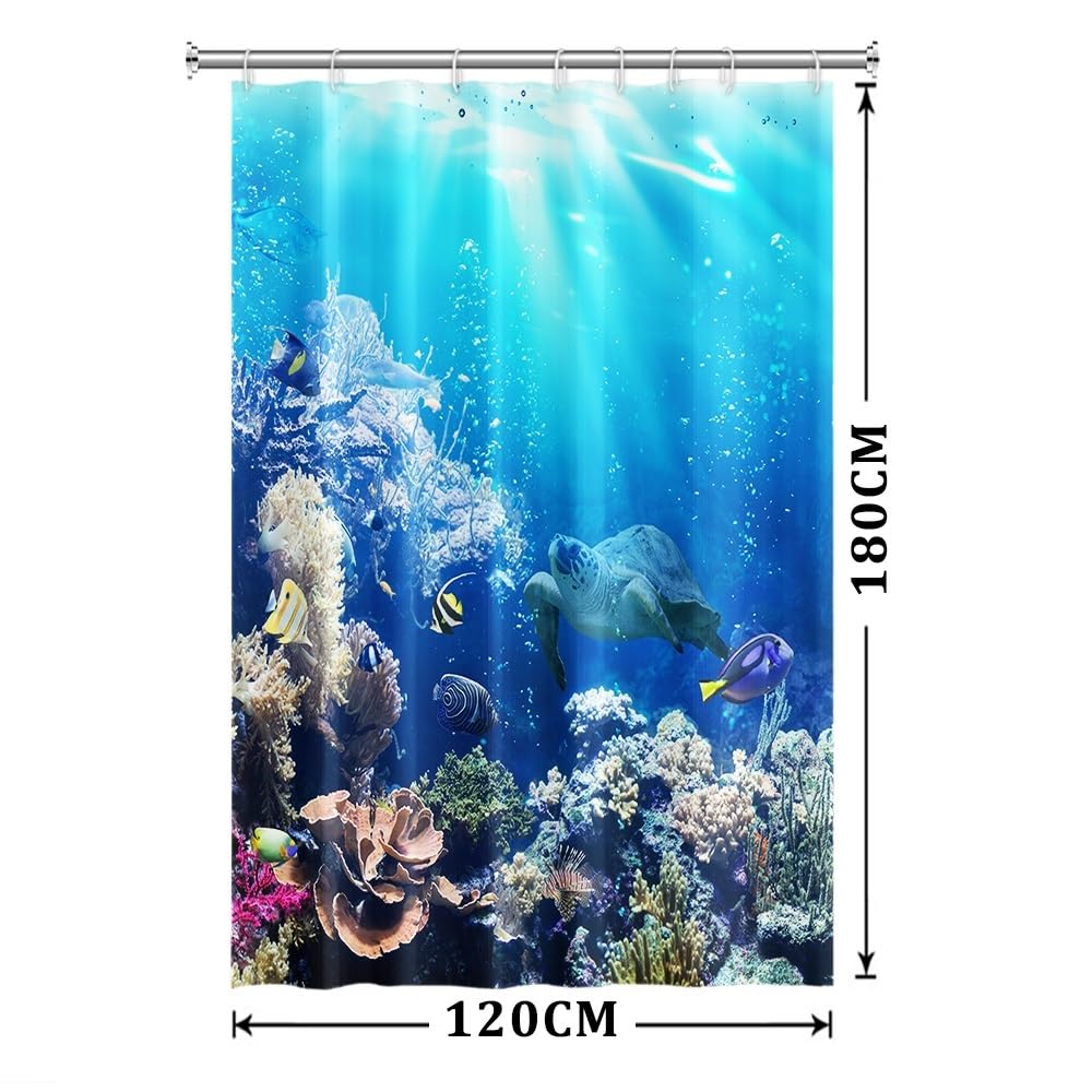 Xiaoterna Ocean Shower Curtain Underwater Marine Life Sea World Turtles Fishes Bathroom Curtain Coral Reef Floral Washable Waterproof Mildew