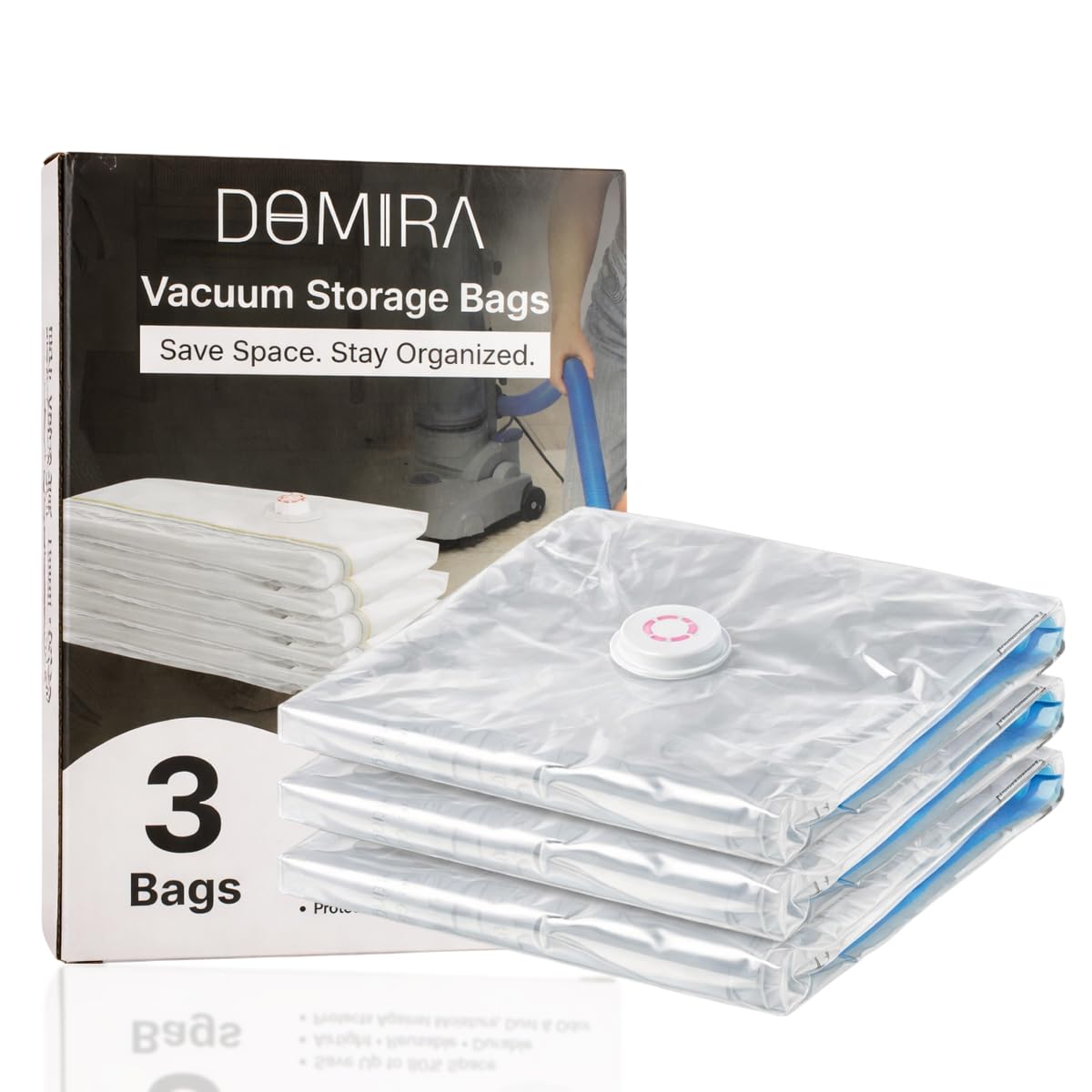 DOMIRA Vacuum Storage Bags – Space Saver Bags For Clothes, Duvets, Travel – Airtight Compression Seal – Reusable, Heavy Duty Vacuum Bags (Medium, 3PK)