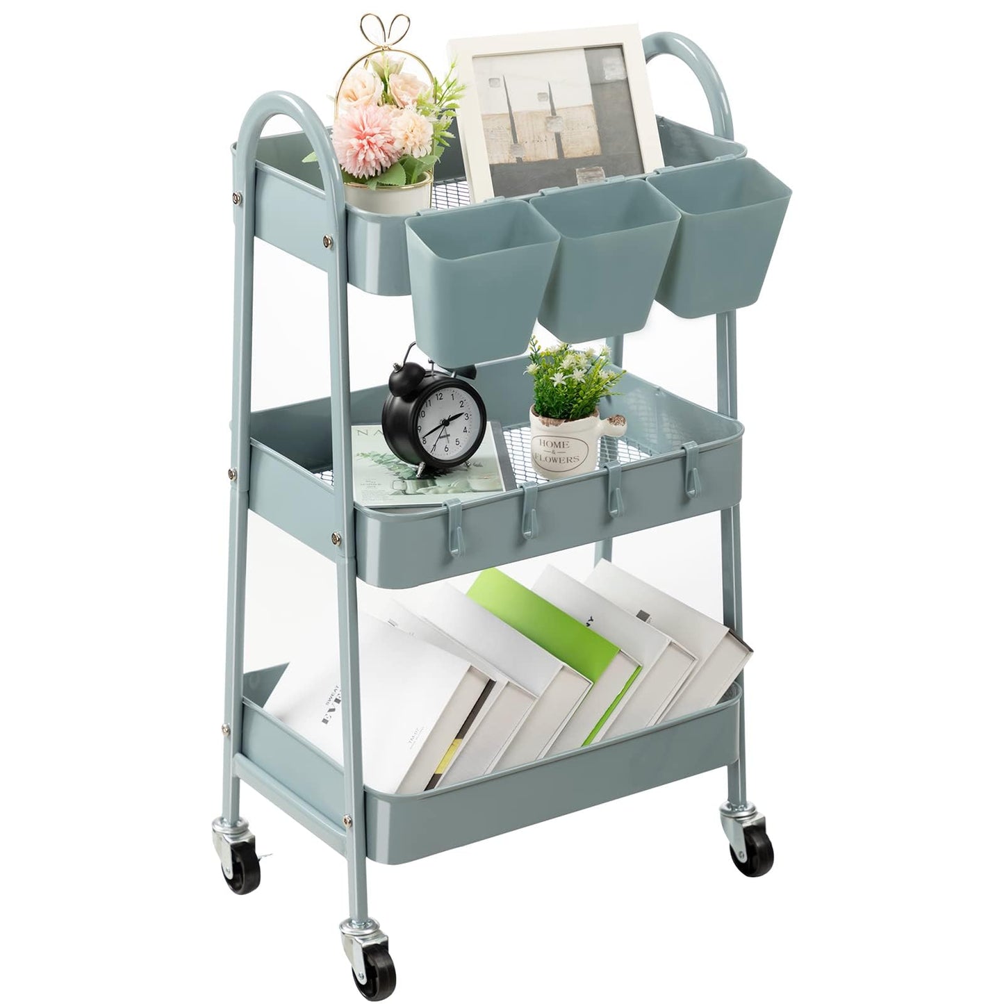 danpinera 3-Tier storage trolley, Metal storage cart with Lockable Wheels & Hanging Cups & Hooks, storage trolley on wheels for bathroom, kitchen
