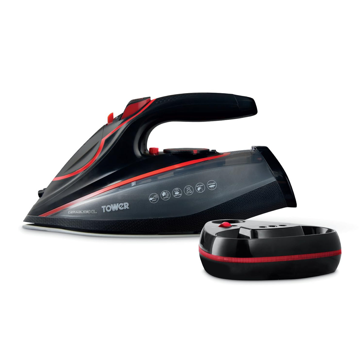 Tower T22035RED Cord/Cordless Steam Iron with Ceraglide XL Ceramic Soleplate, Thermostatic Dial Control, Anti-Calc & Anti-Drip Functions, Auto Shut
