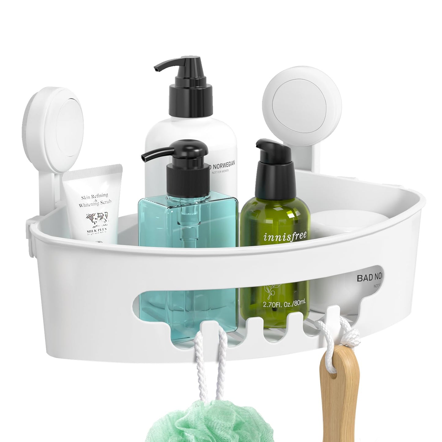 ilikable Corner Shower Caddy Vacuum Suction Cup Organizer No-Drilling Removable Shower Shelf with Hooks Wall Mounted Storage Basket for Shampoo