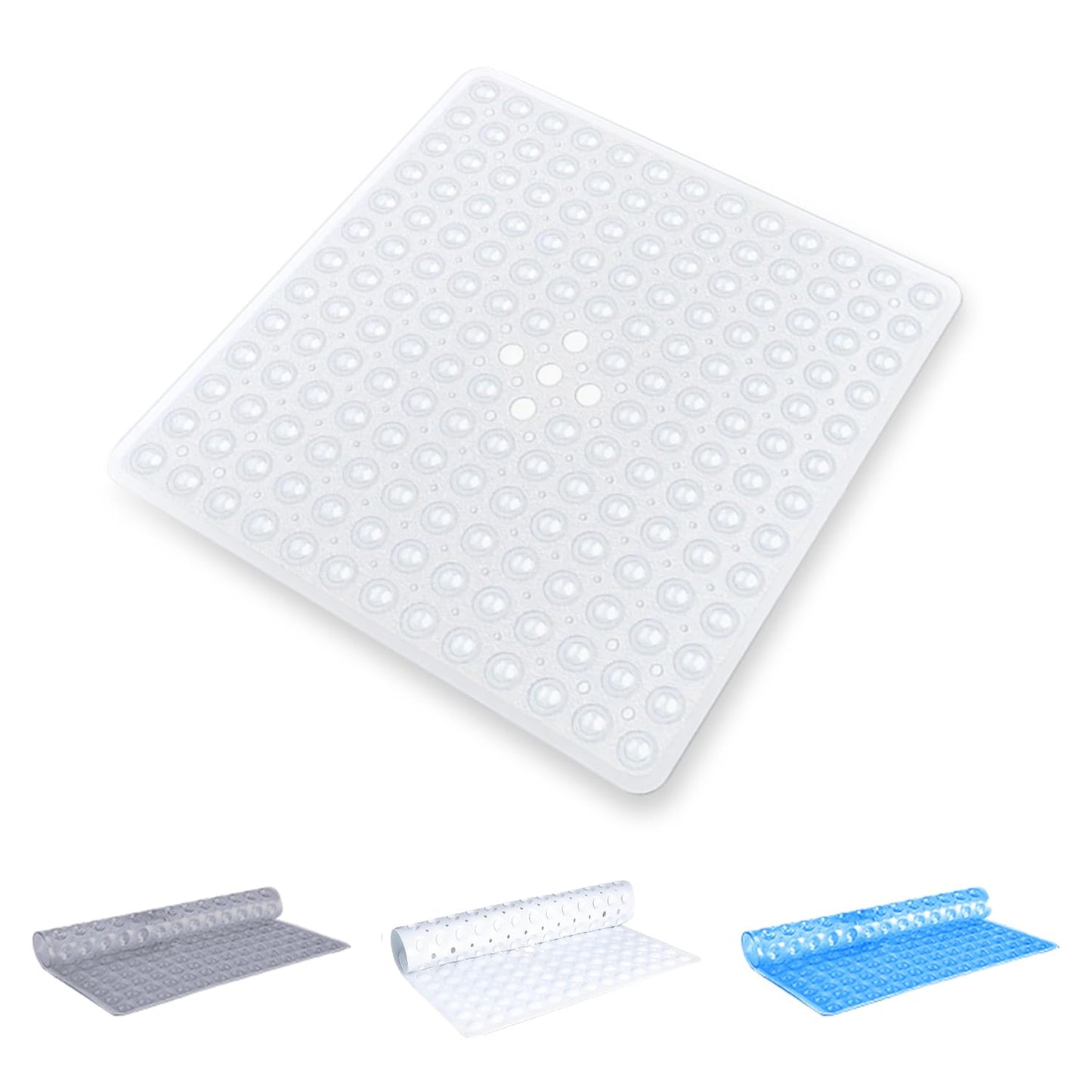 Oxford Homeware Shower Bath Mat Non Slip Anti Mould - Clear 53x5cm Square Shower Mat for Bathtub and Bathroom with Drain Holes and Strong Suction Cups
