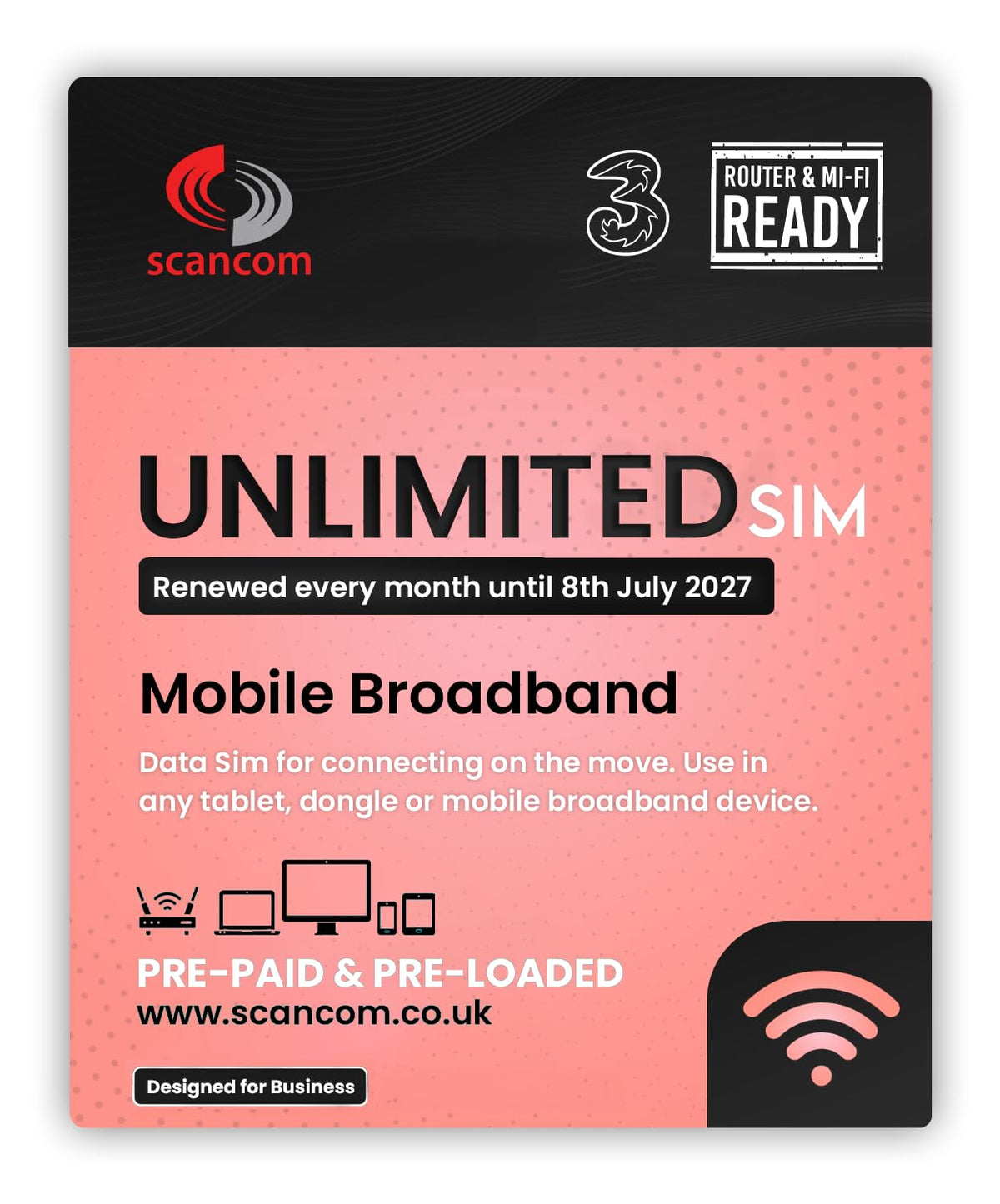 Three Unlimited Data SIM - Uncapped 5G - Preloaded MONTHLY Until July 2027 - Plug & Play for Routers & Phones - Access to Three & Vodafone - Connects