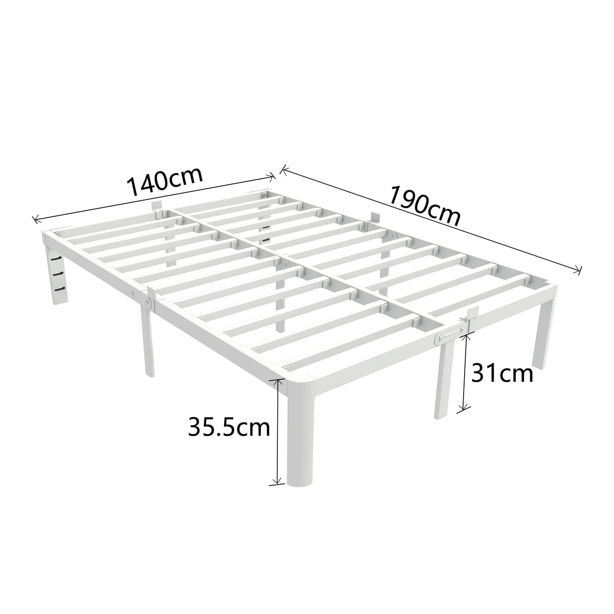 KVLKBV Double Bed Frame 140 x 190 cm, White Bed Frame with Metal Anti-slip Gasket and Large Storage Space Under Bed - Suitable for Bedroom