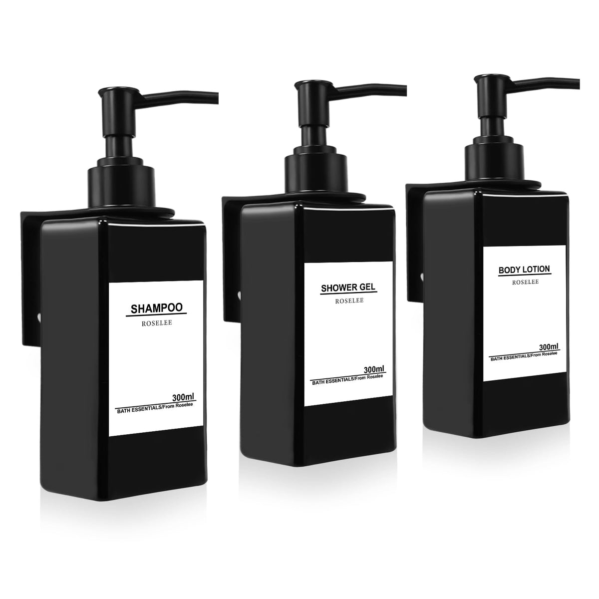 Roselee Wall Mounted Soap Dispenser, 300 ml, Set of 3, Plastic, Black, Kitchen/Bathroom Use