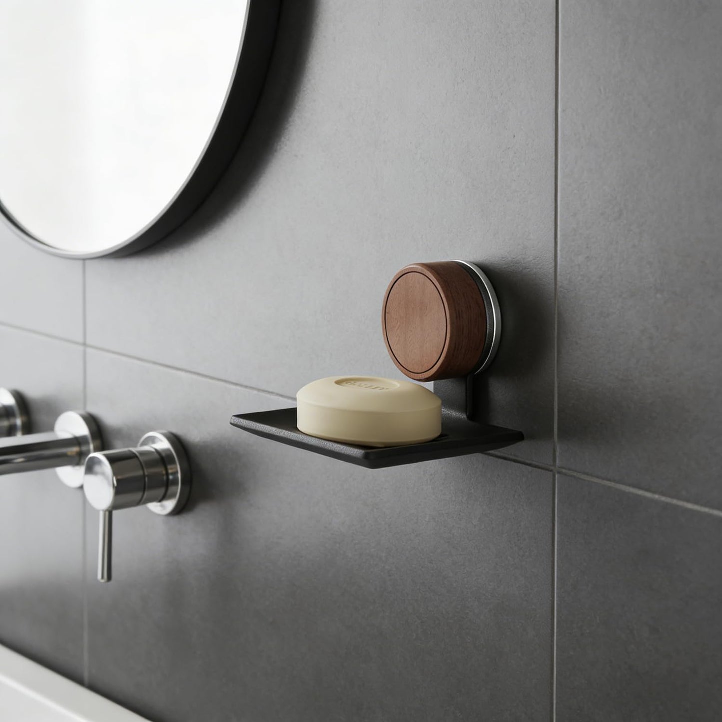 2-Pack Aluminium Soap Dish with Walnut Suction Cup - No Drill, Self-Draining with Holes, For Glass, Mirror & Metal (Bathroom & Kitchen)