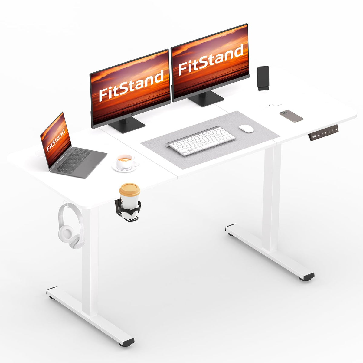 FitStand 140x60cm Electric Height Adjustable Standing Desk, Sit Stand Desk, Computer Desk With Hooks, Child Lock, Memory Function