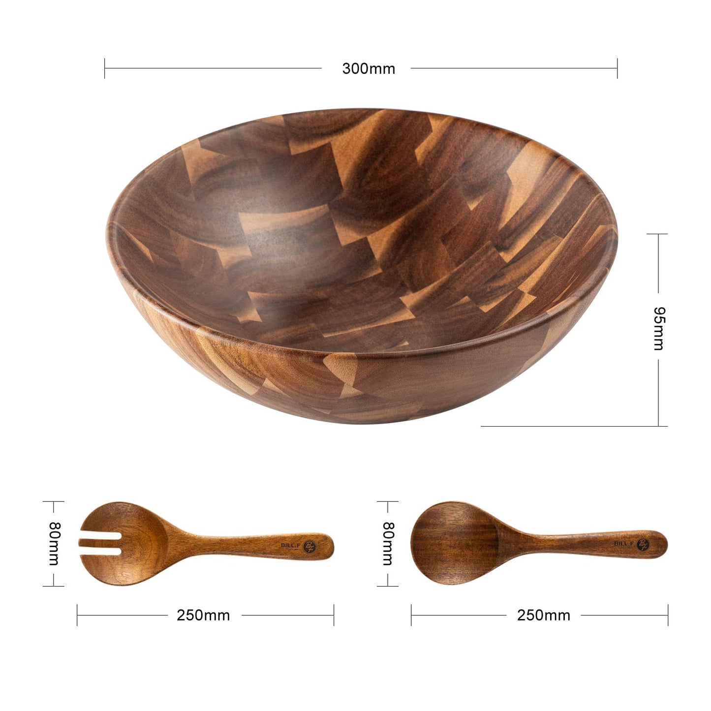 BF BILL.F SINCE 1983 Wooden Salad Bowl 30cm, Acacia Wood Salad Bowls Set, Large Salad Serving Bowl for Fruits Mixing Bowl with Servers-3-Piece Large