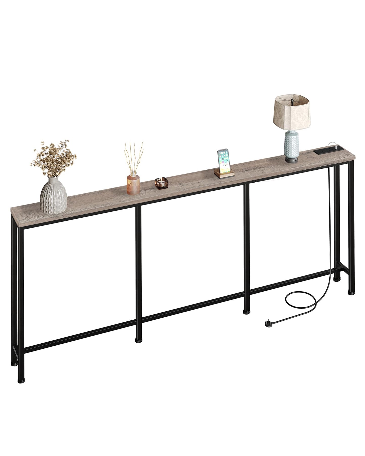 CHOEZON 200 cm Narrow Console Table with Power Outlet, 18 cm Skinny Sofa Table, Long Behind Couch Table with Charging Station