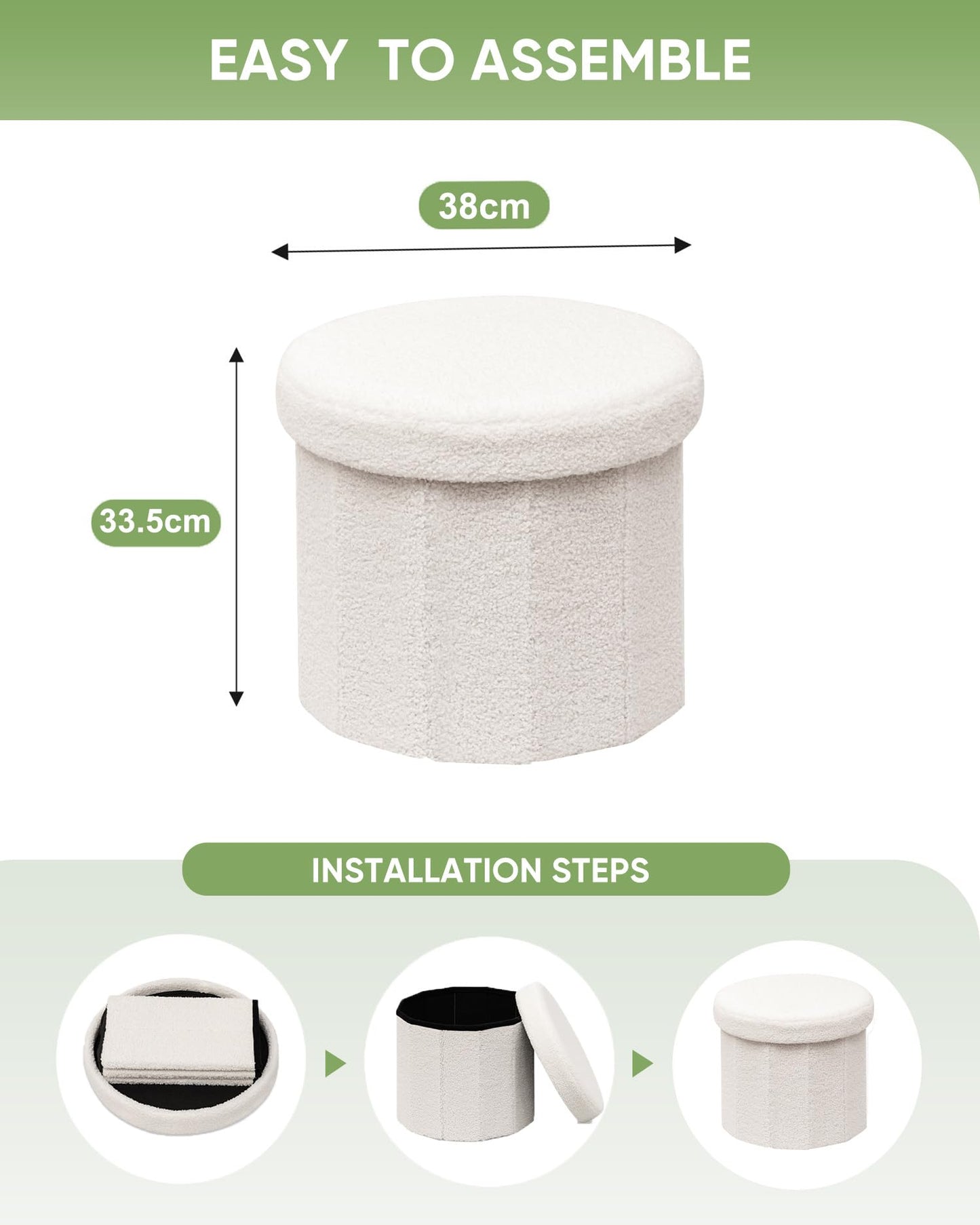 Bonlife Cream Boucle Ottoman with Storage,Foldable Footstool for living room,Toy Chest,Storage Seat Teddy Round Shape Footrest,38X38X33.5cm