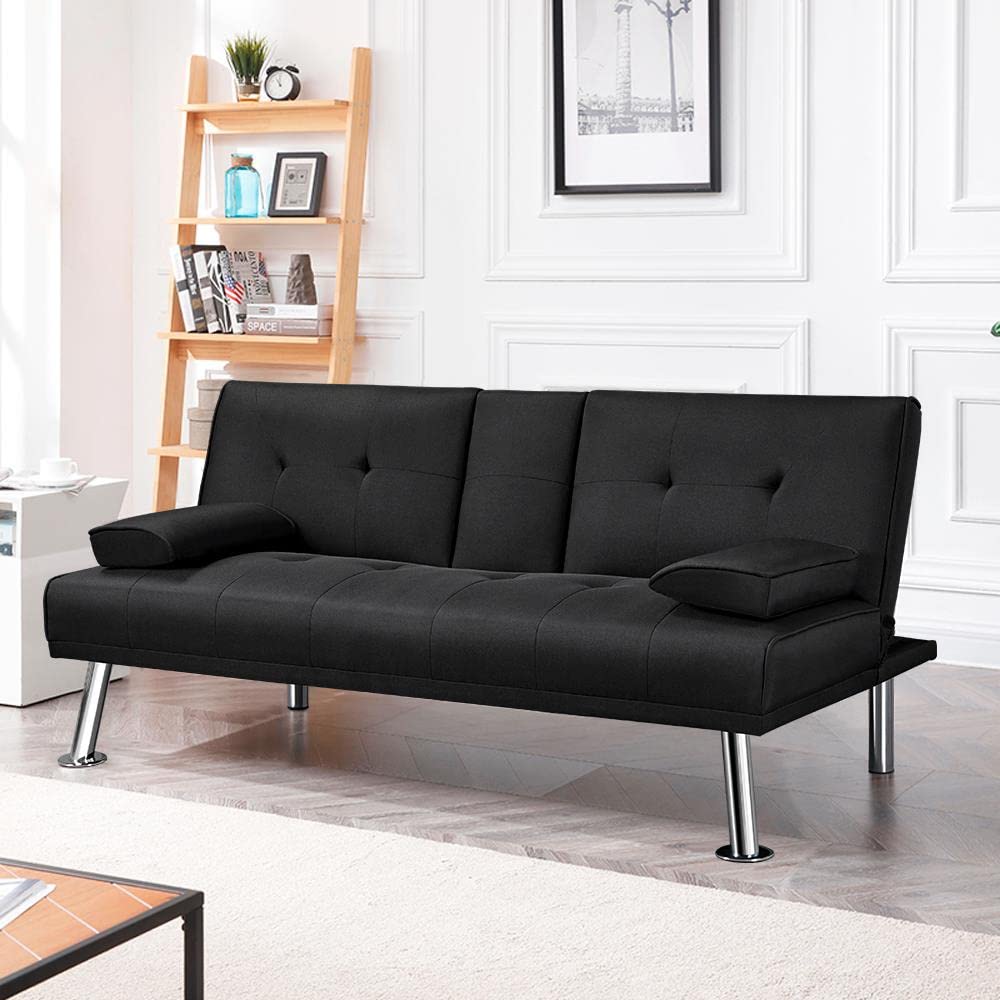 Yaheetech Black 3-in-1 Convertible Sofa Bed with Cup Holder Adjustable Back