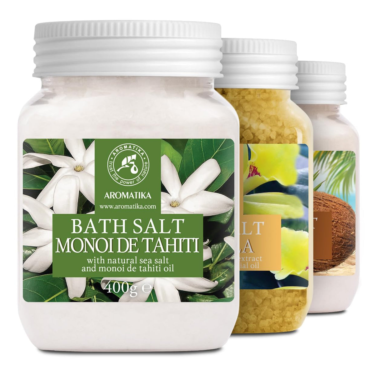 Bath Salts Set 3x400g - Monoi de Tahiti - Vanill? - Coconut - Best for Good Sleep - Stress Relief - Bathing - Body Care - Wellness - Beauty -