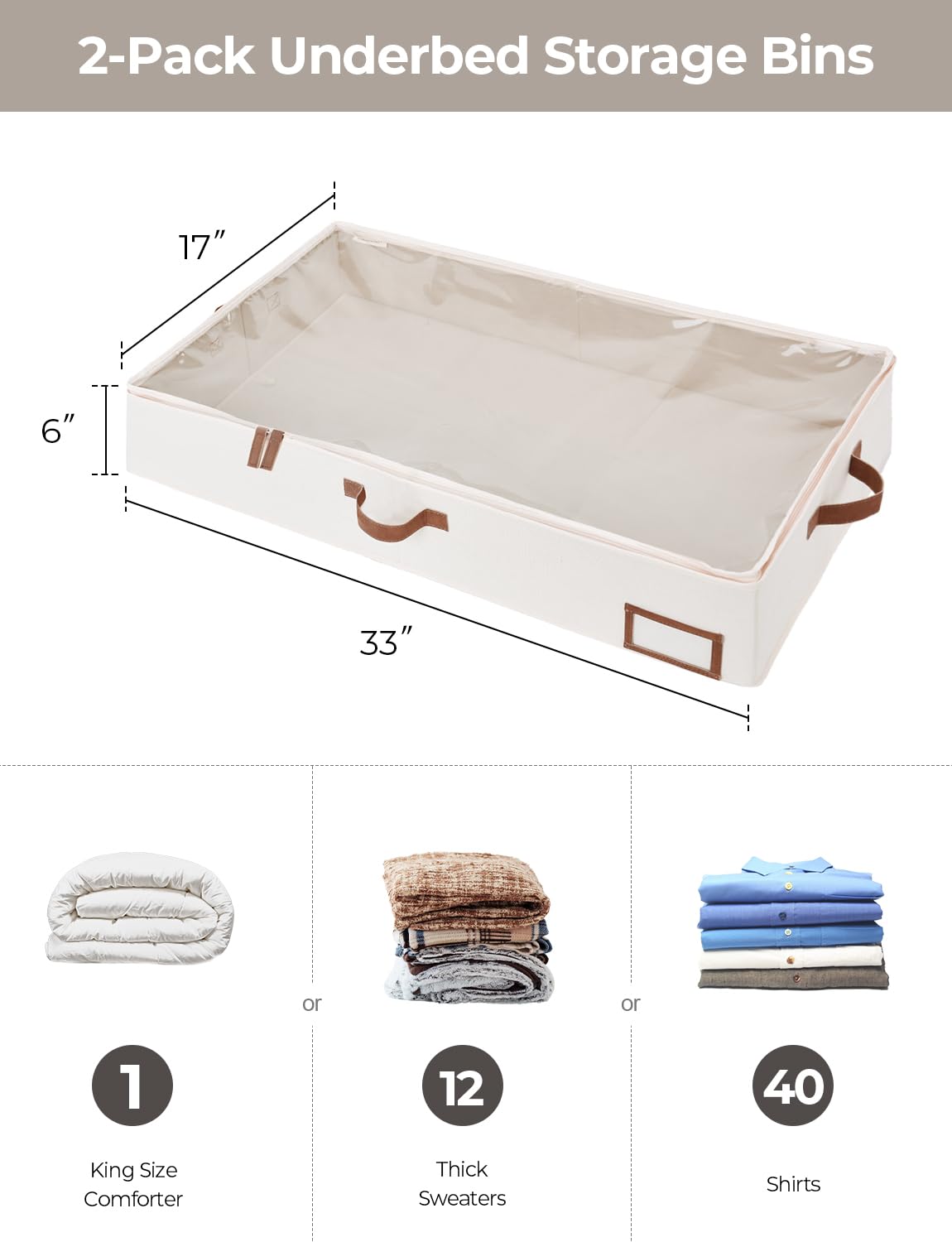 StorageWorks Underbed Storage Box, Under Bed Clothes Organizer With Sturdy Structure and Ultra Thick Fabric, Ivory White, Large, 2 pack
