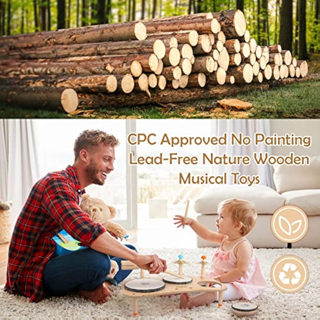 Vanplay Wooden Toys Kids Drum Kit Musical Instruments For Toddlers Baby Drum Musical Toys Gifts for 3 4 5 Years Old Girls Boys