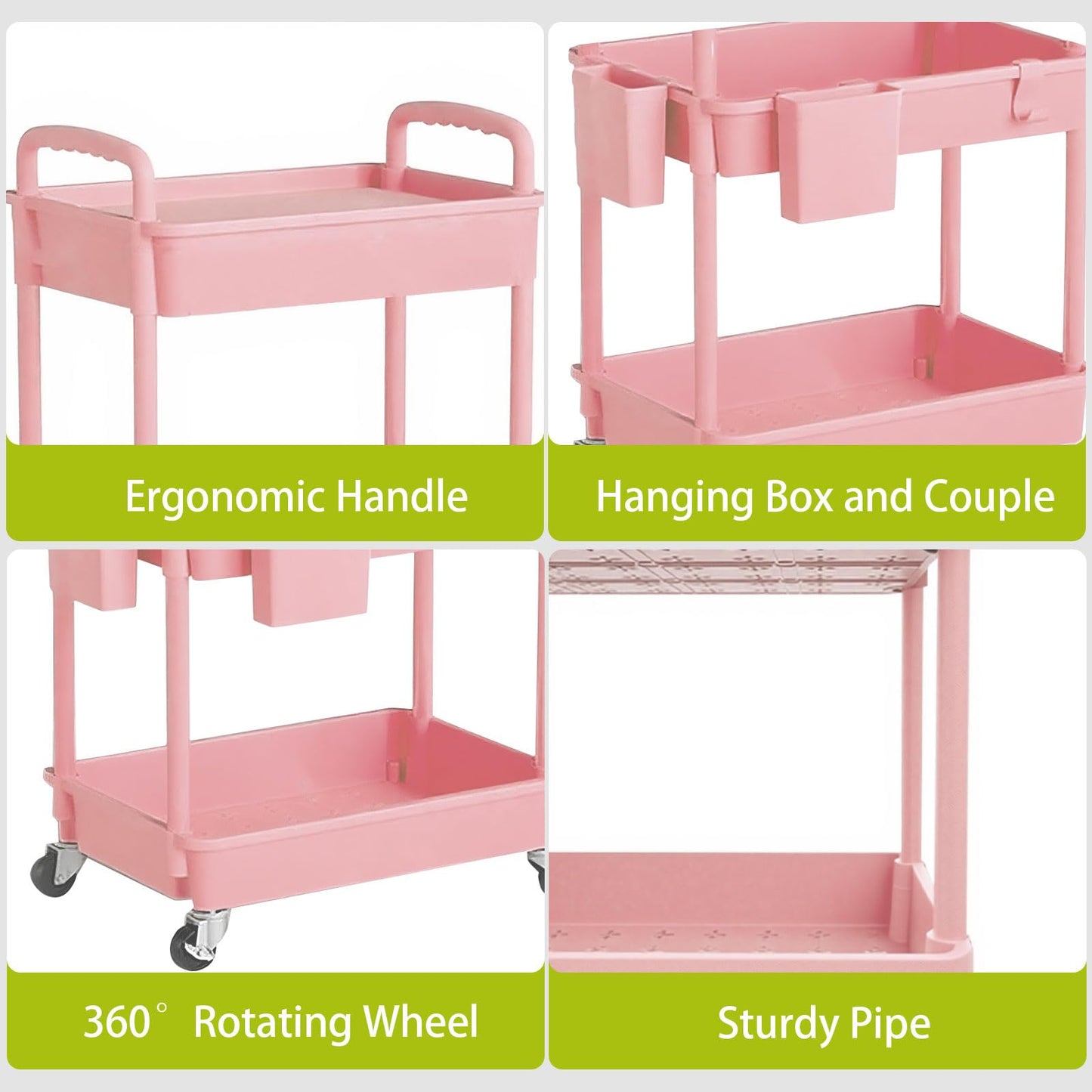 Houbobo Storage Trolley on Wheels, 3-Tier Rolling Cart, Plastic Utility Cart - Easy Assembly