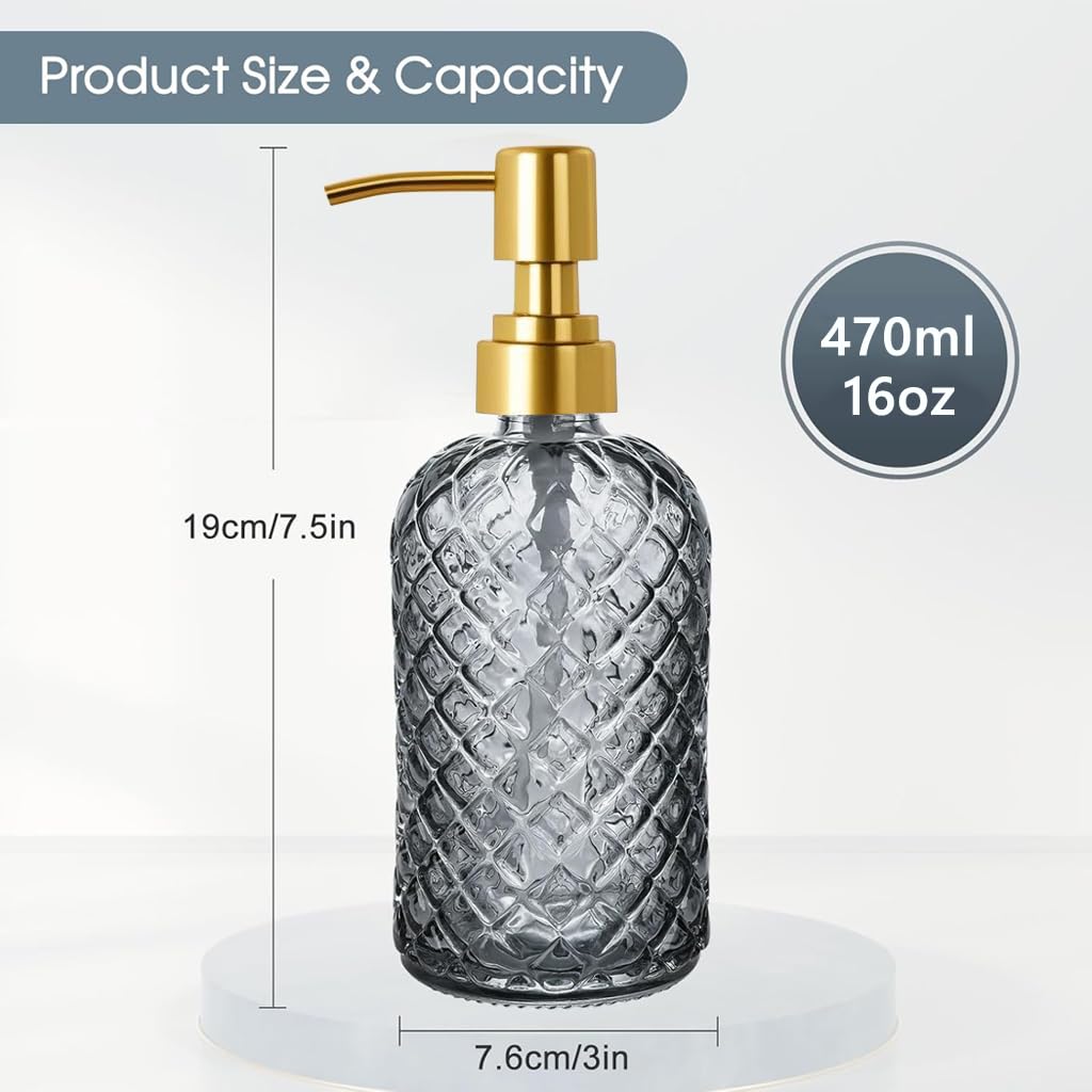 Bingobang Glass Soap Dispenser with Hand Gold Pump 470ml, Grey