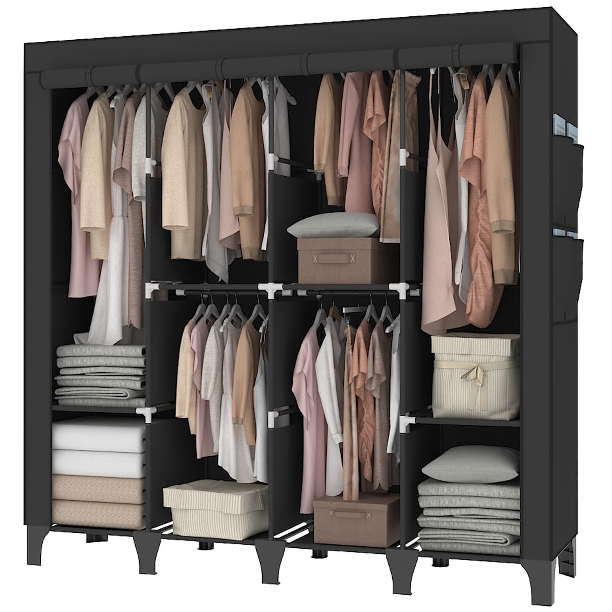 OPPAIYA Extra Large Canvas Wardrobe with 6 Hanging Rails, Portable Fabric Bedroom Wardrobes with 8 Shelves & 8 Side Pockets