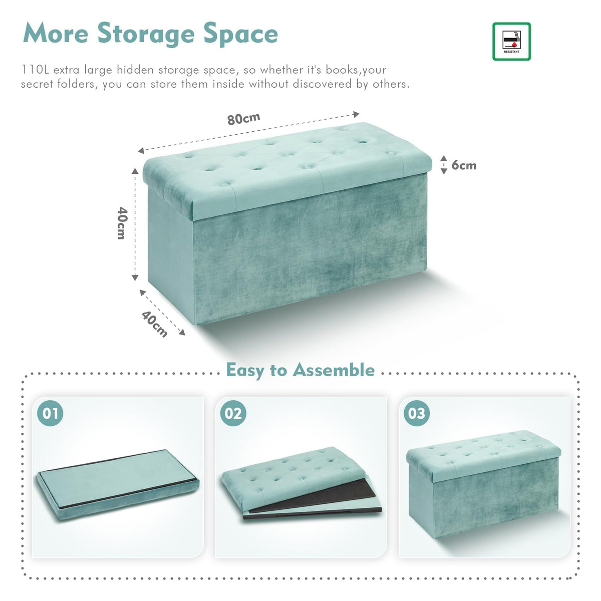 Bonlife Folding Velvet Ottoman Storage Bench,Footrest Stool Seat,Toy Chest Storage Box with Lid,Footstool for Living Room,Green,80x40x40cm