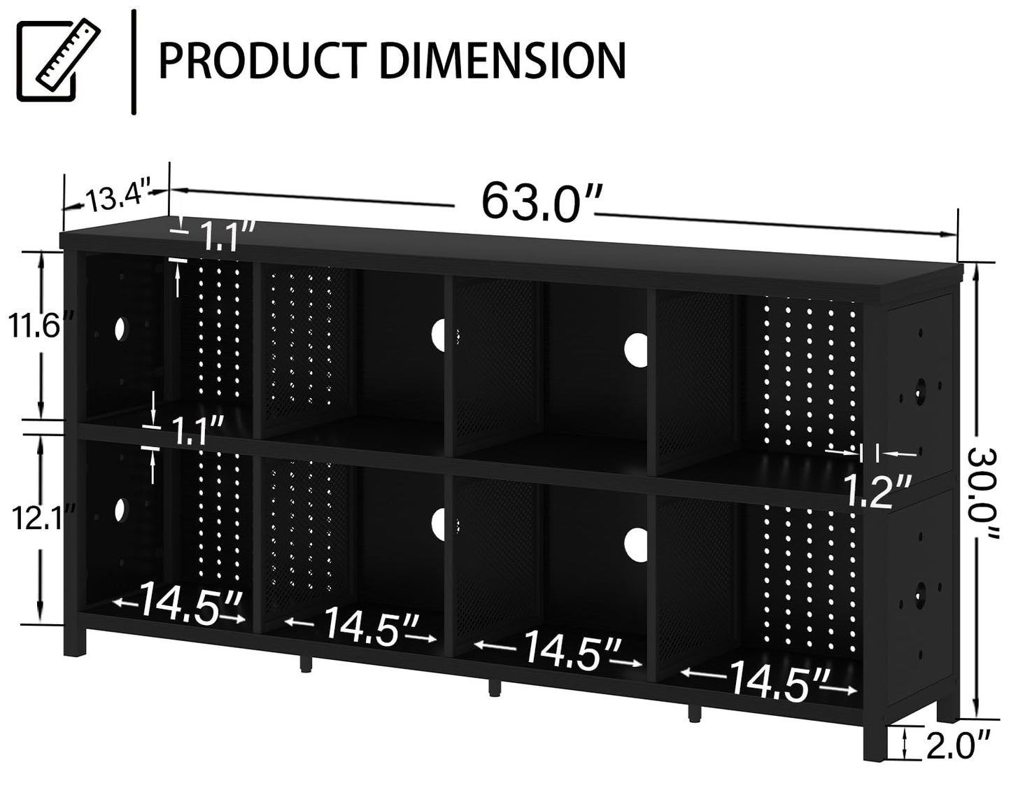 LVB Black Horizontal Bookshelf, Modern Cube Storage Organizer Bookcase, Industrial Wide Long Wood Metal Book Shelf