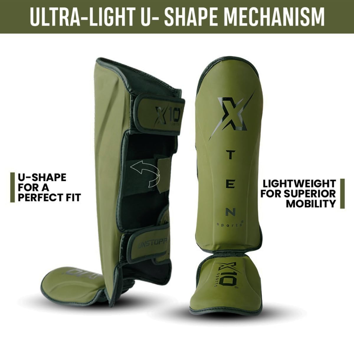 XTEN SPORTS Shin Guards Muay Thai, MMA, Gel Integrated Padding, Training Sparring, Boxing, Kickboxing, BJJ, Taekwondo Protective Gear, Olive Green