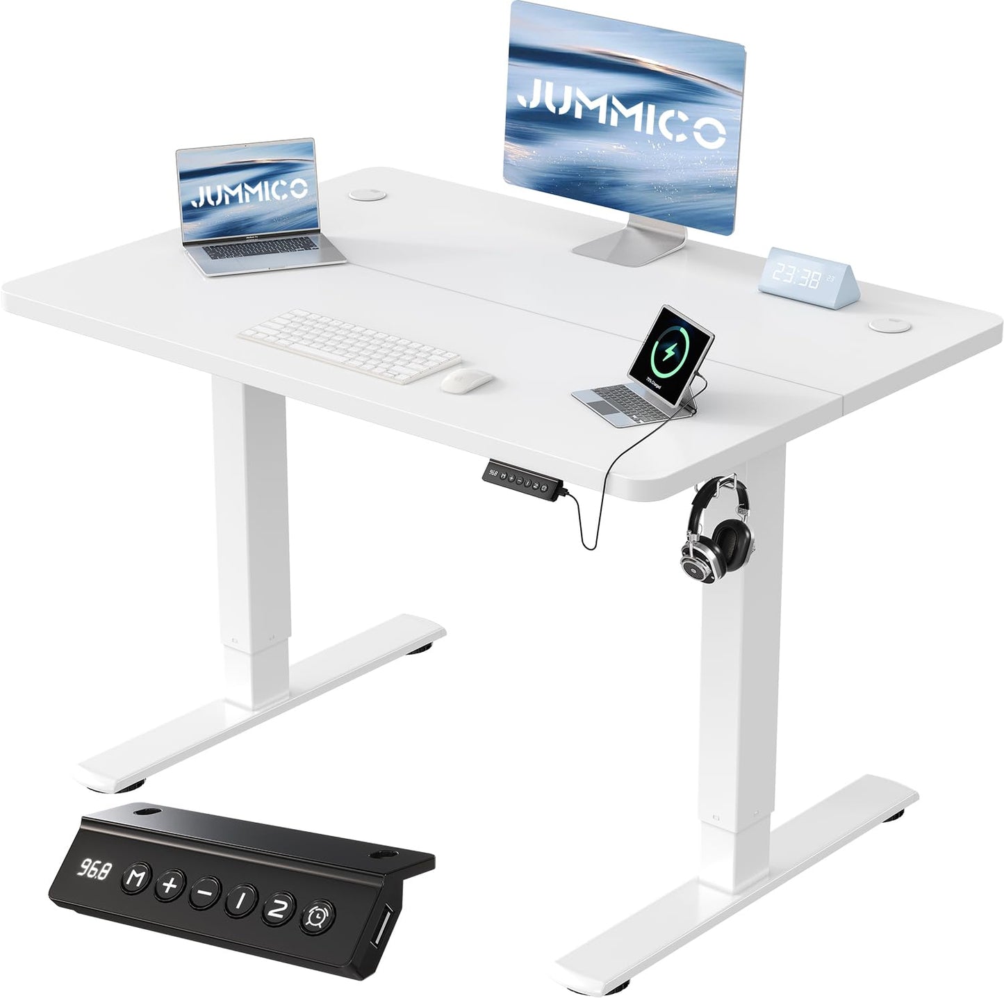 JUMMICO 80x60cm Electric Standing Desk with USB Charging Height Adjustable Desk with Sedentary Reminder Stand Up Desk with Splice Board for Home