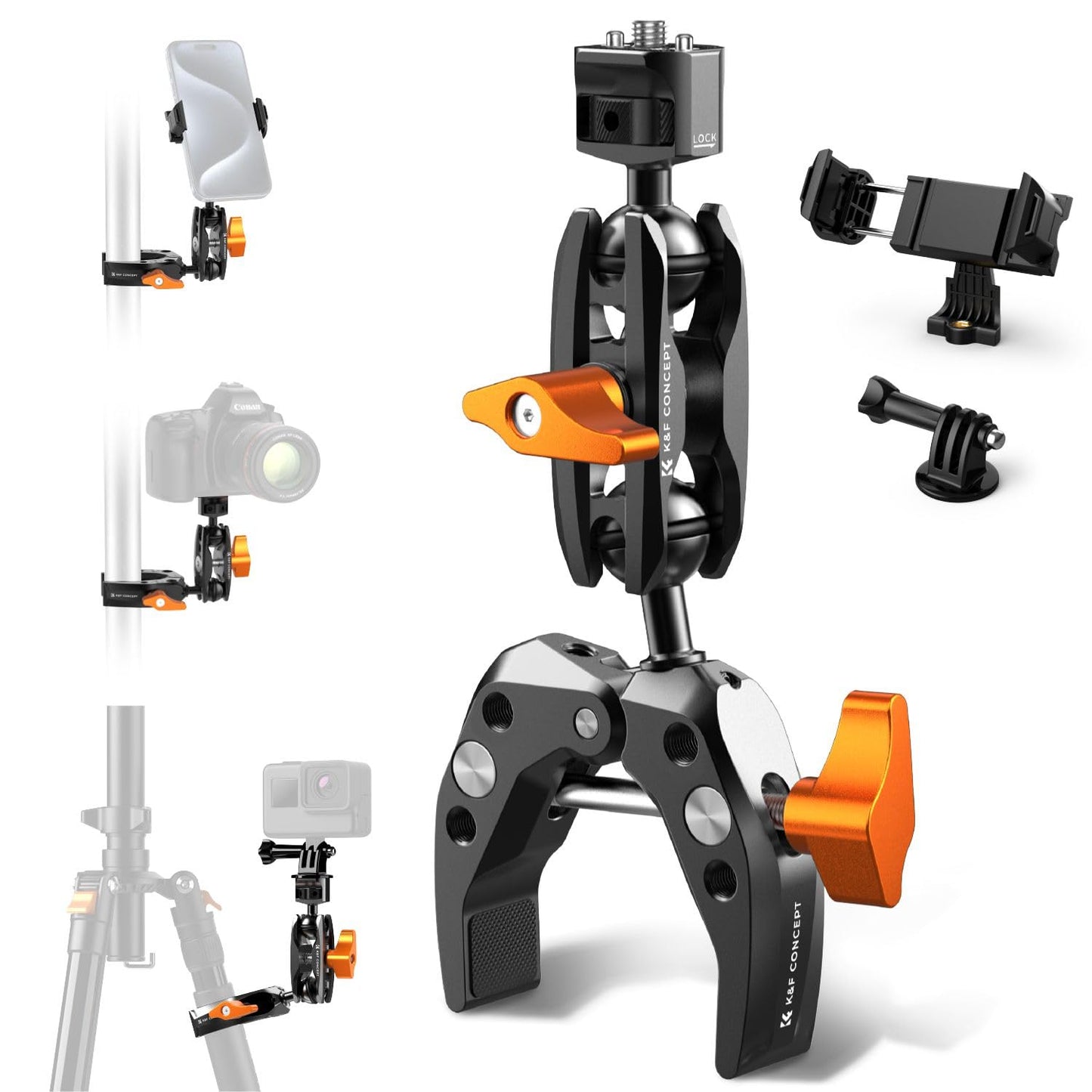 K&F CONCEPT Super Clamp with Dual Ballhead Magic Arm, Camera Mount Clamp with Action Camera Phone Holder, 1/4" Threads Tripod Clamp Compatible with