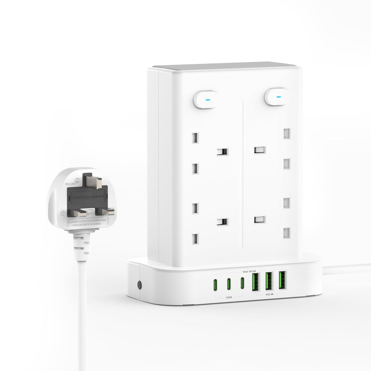 Tower Extension Lead with USB Slots, 8 Way Sockets(13A 3250W) Multi Plug Extension Tower with 3 USB C and 3 USB A, 4 Independent Switches, 1.8M Power