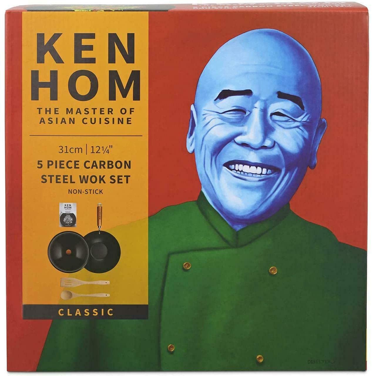 Ken Hom Carbon Steel Wok Set, 31cm, Classic, Non-Induction/Wooden Handle/Flat Base Pan, Includes Wok Pan with Lid, Wooden Wok Utensils & Recipe Book,
