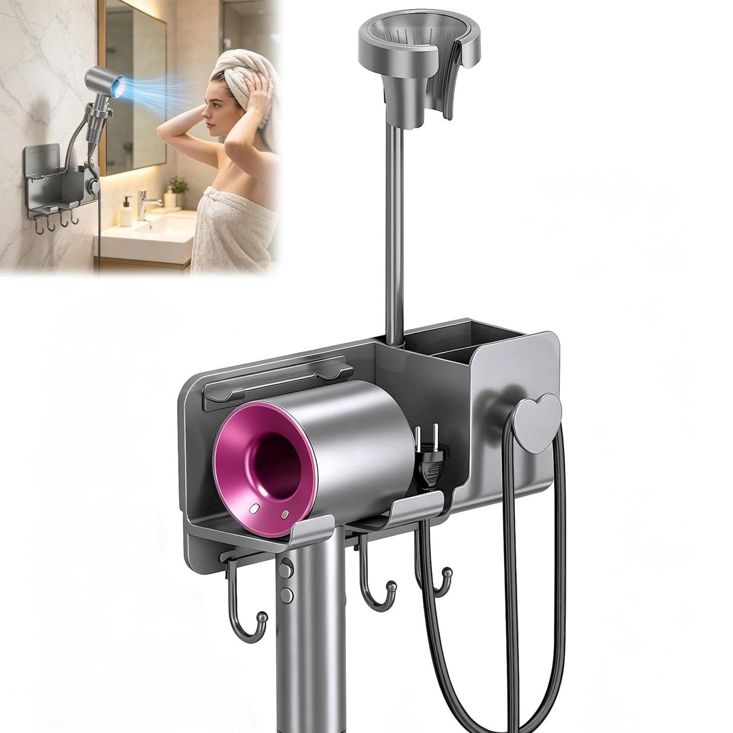 Ecloom Hair Dryer Holder No Drilling Required with 360 Deg Rotation