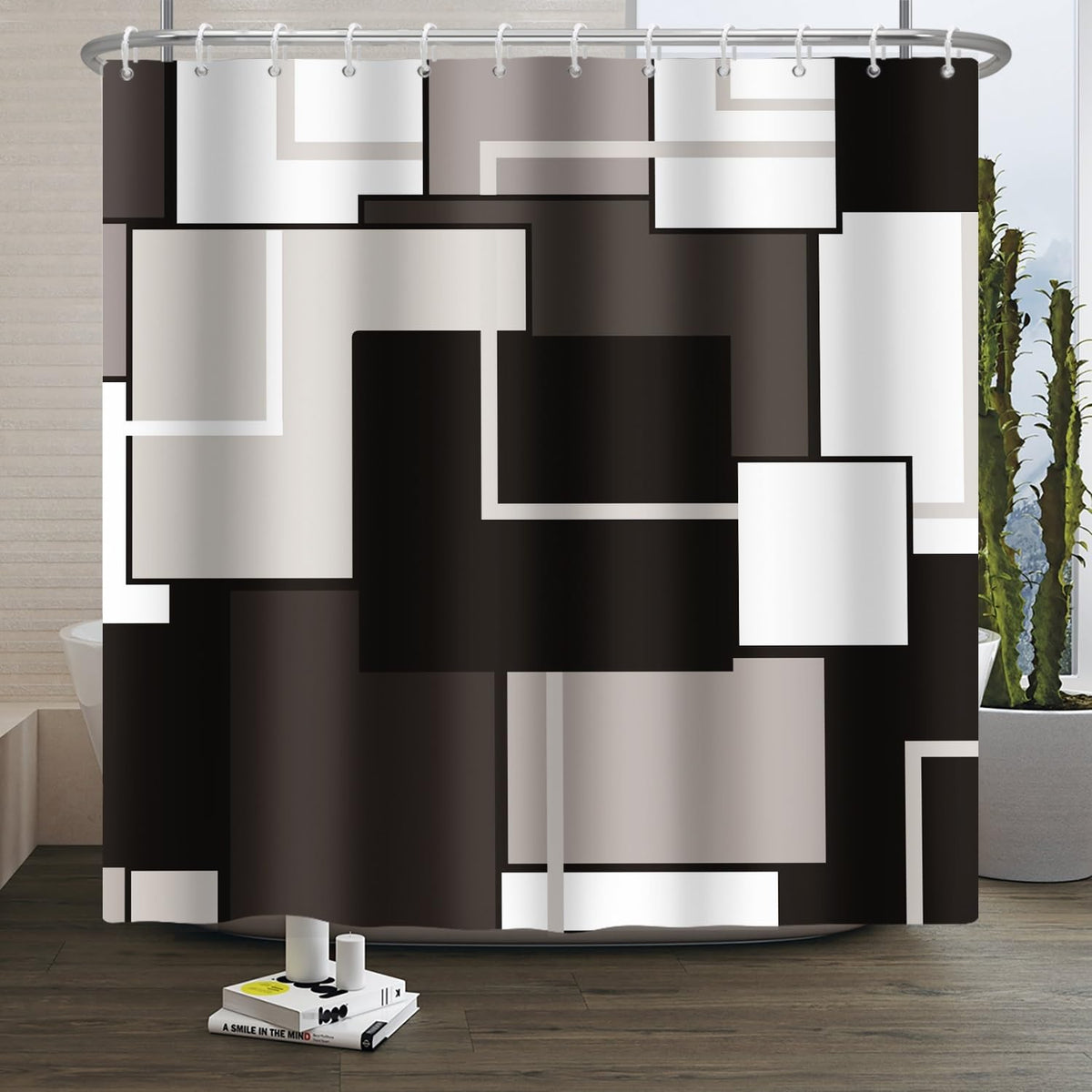 Xiaoterna Geometric Shower Curtain Abstract Black White Grey Bathroom Curtain Modern Simplicity Geometry Patchwork Waterproof Washable Shower Curtain