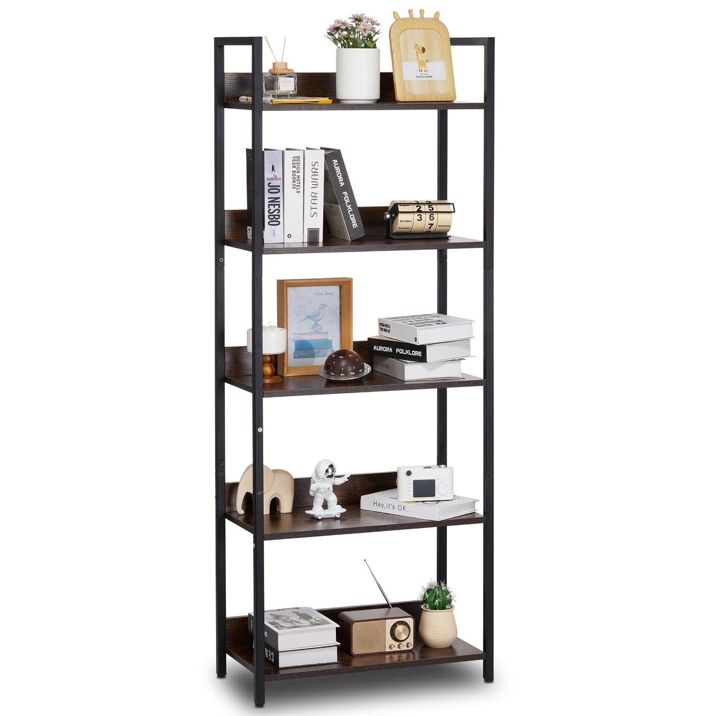 VEVOR Metal Bookshelf, 5-Tier Tall Industrial Bookshelf, Rustic Display Vintage Storage Bookcase with Open Shelves