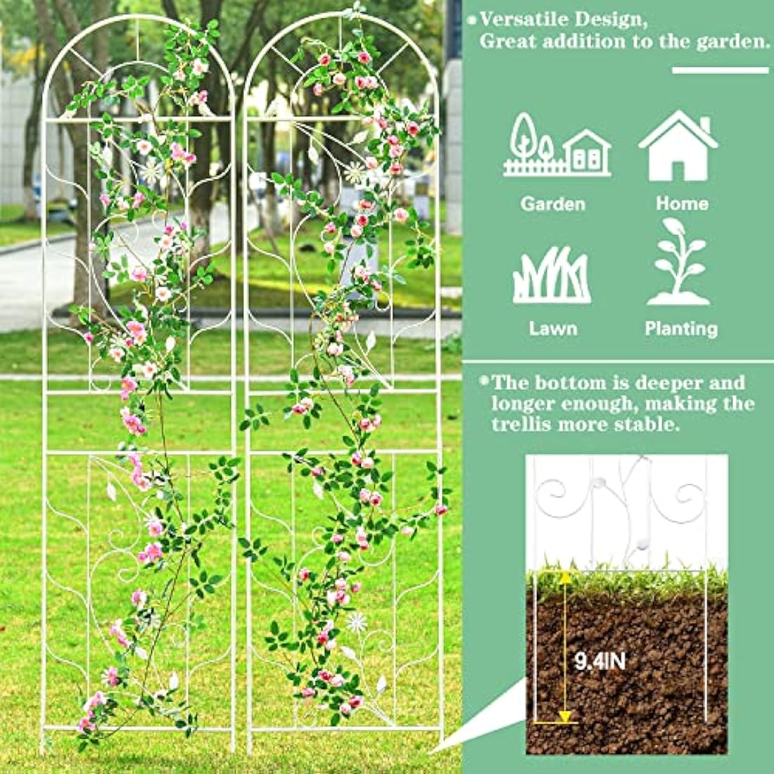 Sungmor Large Wrought Iron Garden Trellises for Climbing Plants - 82.5 Inch Tall & 2PC White PACK - Beautiful Retro Style Metal Fence Trellis - Gardening Vines Plant Support for Flower Rose Climbing