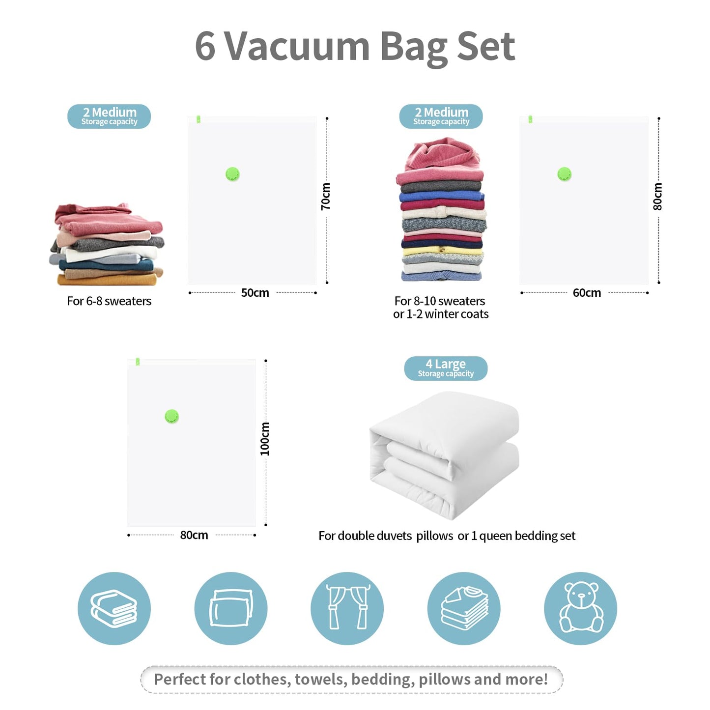 HEAVY DUTY 6 VACUUM STORAGE BAGS by Gorilla Bags. 2 Large (100x80cm), 2 Medium (60x80cm), 2 Small