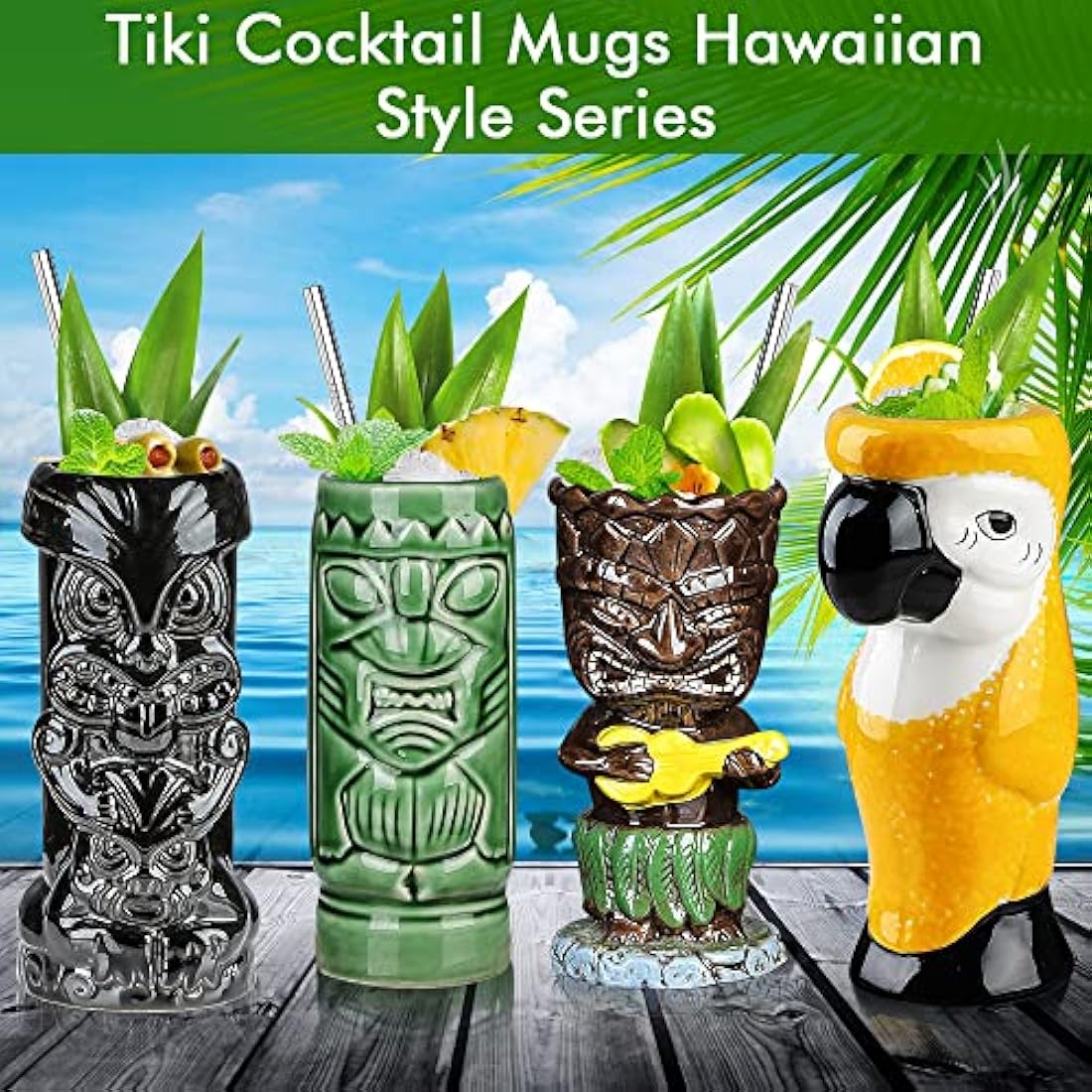 Tiki Glasses for Cocktails Tiki Mugs Set of 4 Ceramic Tropical Cups Hawaiian Tiki Party Creative Cocktail Glass Drinks Large Bar Drinkware Premium Tropical Exotic Cute Barware 4 Packs