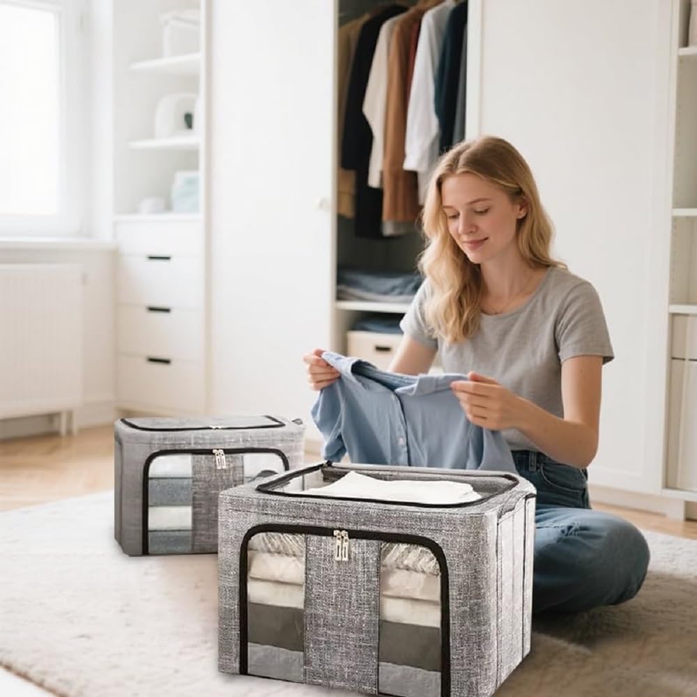 GUYAQ Clothes Storage Boxes 2PCS 66L, Folding Storage Bag with Fabric Steel Frame, Closet Organizer with Opening Zips for Storing Bedding, Blankets