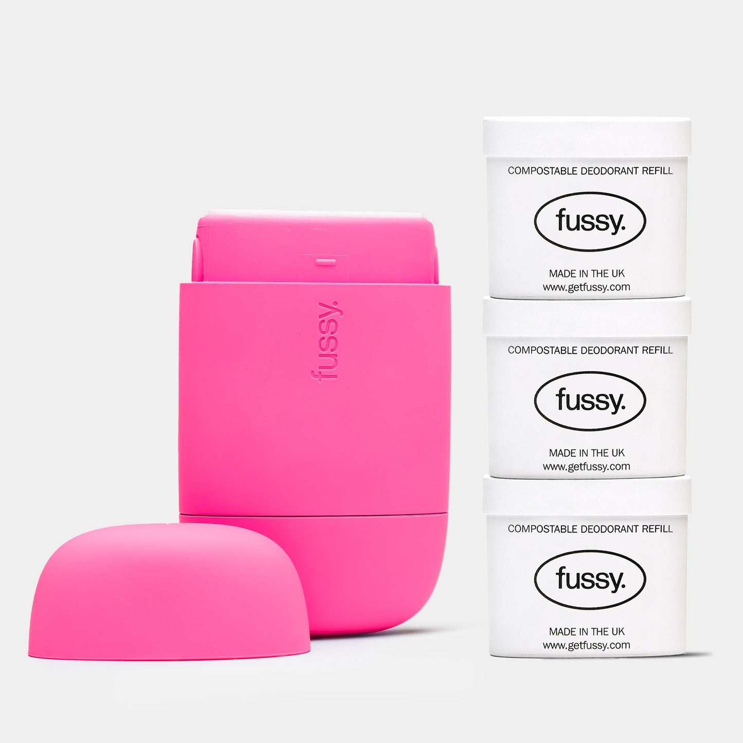 Fussy - Natural Refillable Deodorant - Aluminium Free - 24 Hour Protection - Hot Pink Case & Variety Refill Pack (3 x 40g) - Citrus, Floral & Mint -