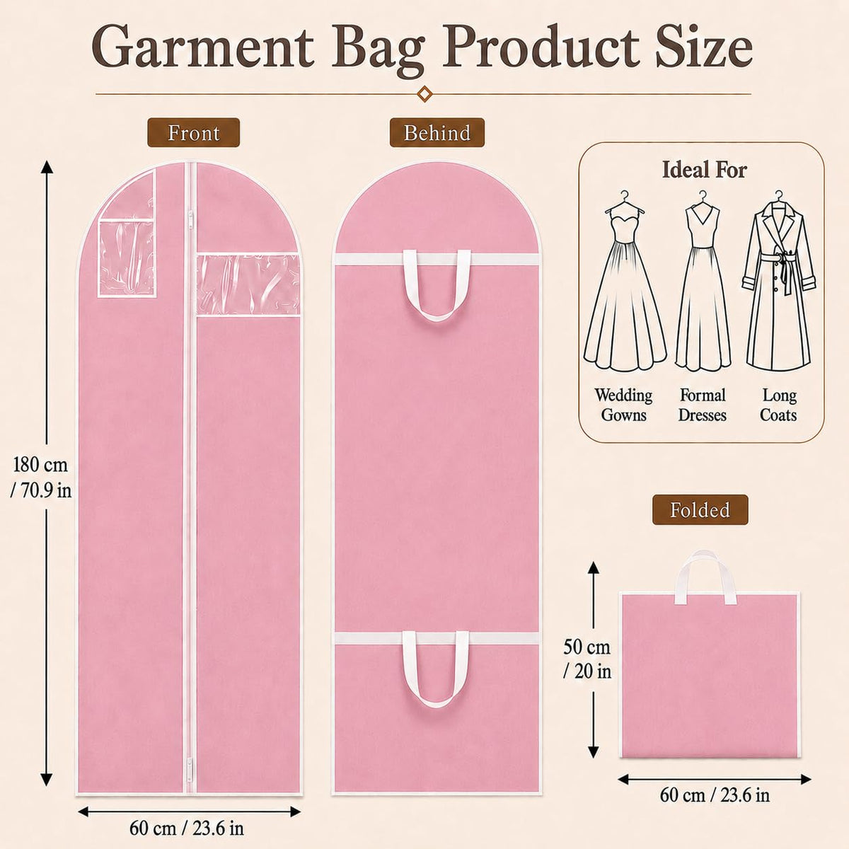 Sytinnice 2Pcs Long Dress Garment Bags, 60×180cm Folding Full Length Garment Cover Bag with Zipper, Pocket & Handle