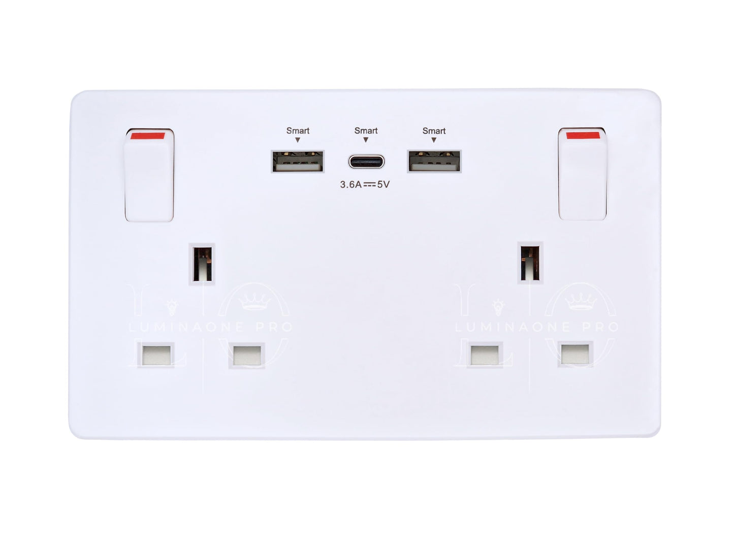 USB Type-C & USB-A Double Wall Socket ? 13A 2 Gang, 35W Max Output, Modern Screwless White Design with Integrated Charging