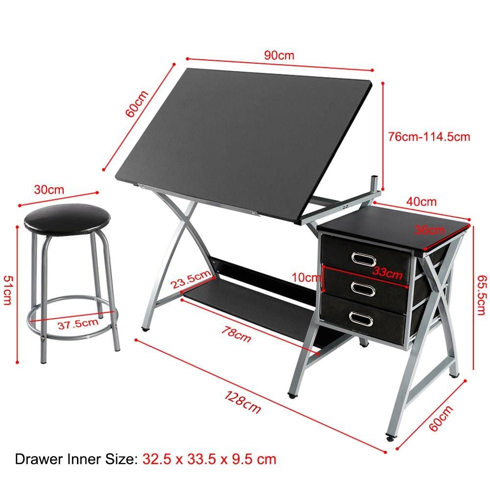 Yaheetech Drafting Table Tiltable Desktop Height Adjustable Art Metal Black