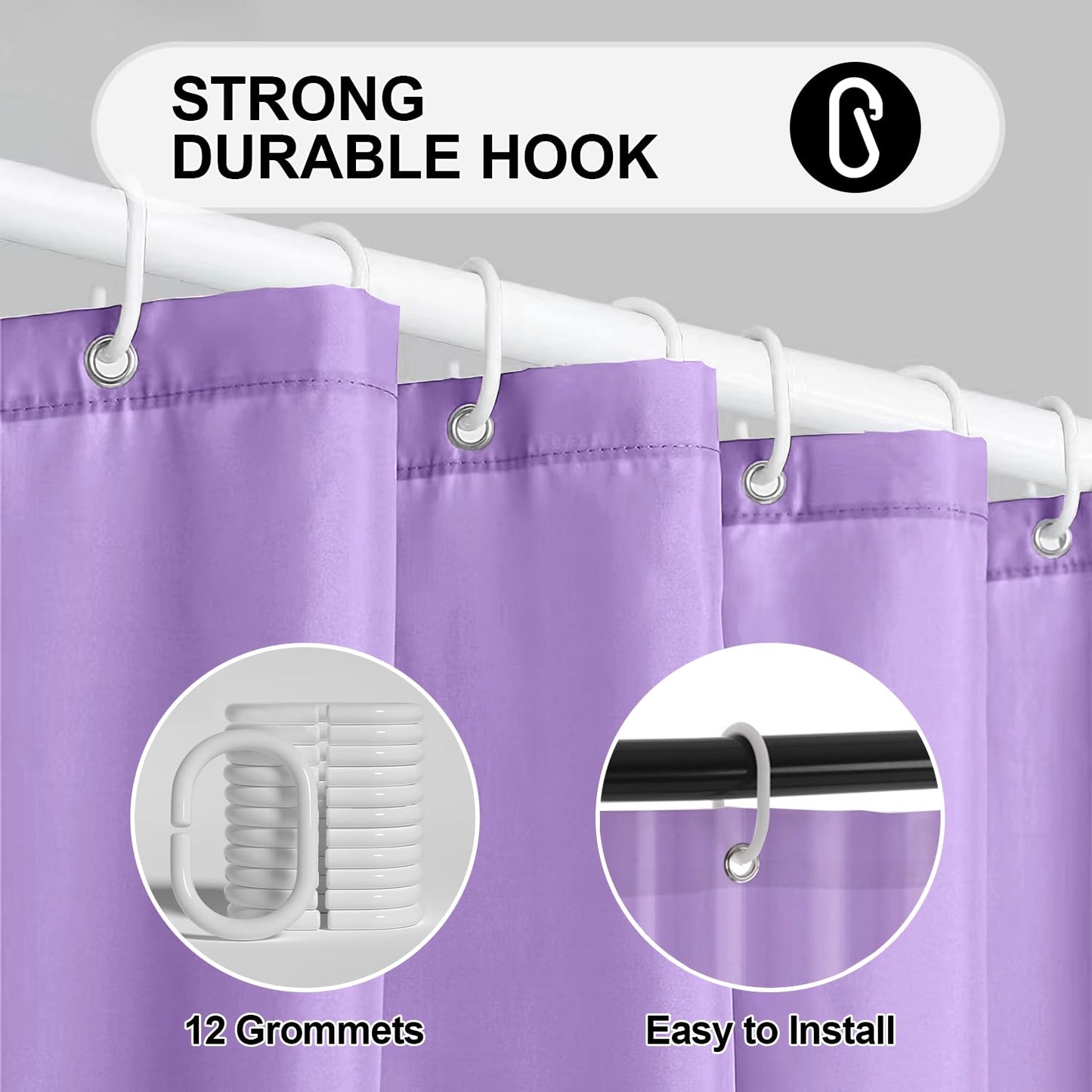 LUKDUNG 180 x 180 cm Bath Curtain, Anti-Mould Shower Curtain for Bathroom, Bathtub, Made of Fabric, Waterproof, Washable PEVA With 12 Rings
