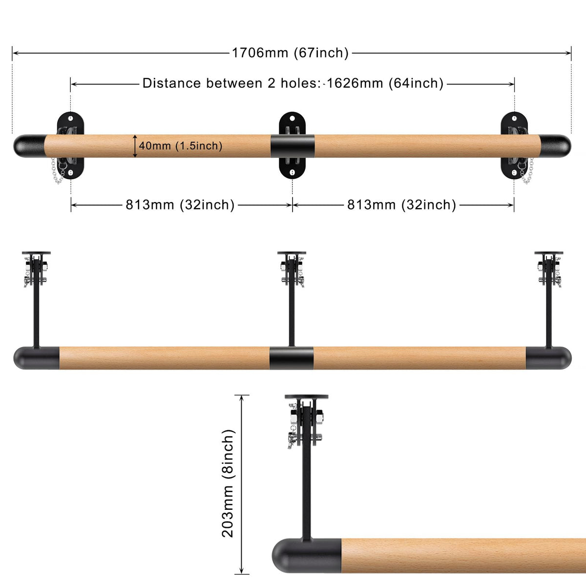 BeneLabel 170cm Ballet Barre, Adjustable Wooden Dance Stretching Bar Wall Mounted Home Barre Workout Equipment with Metal Support Bracket Holder for