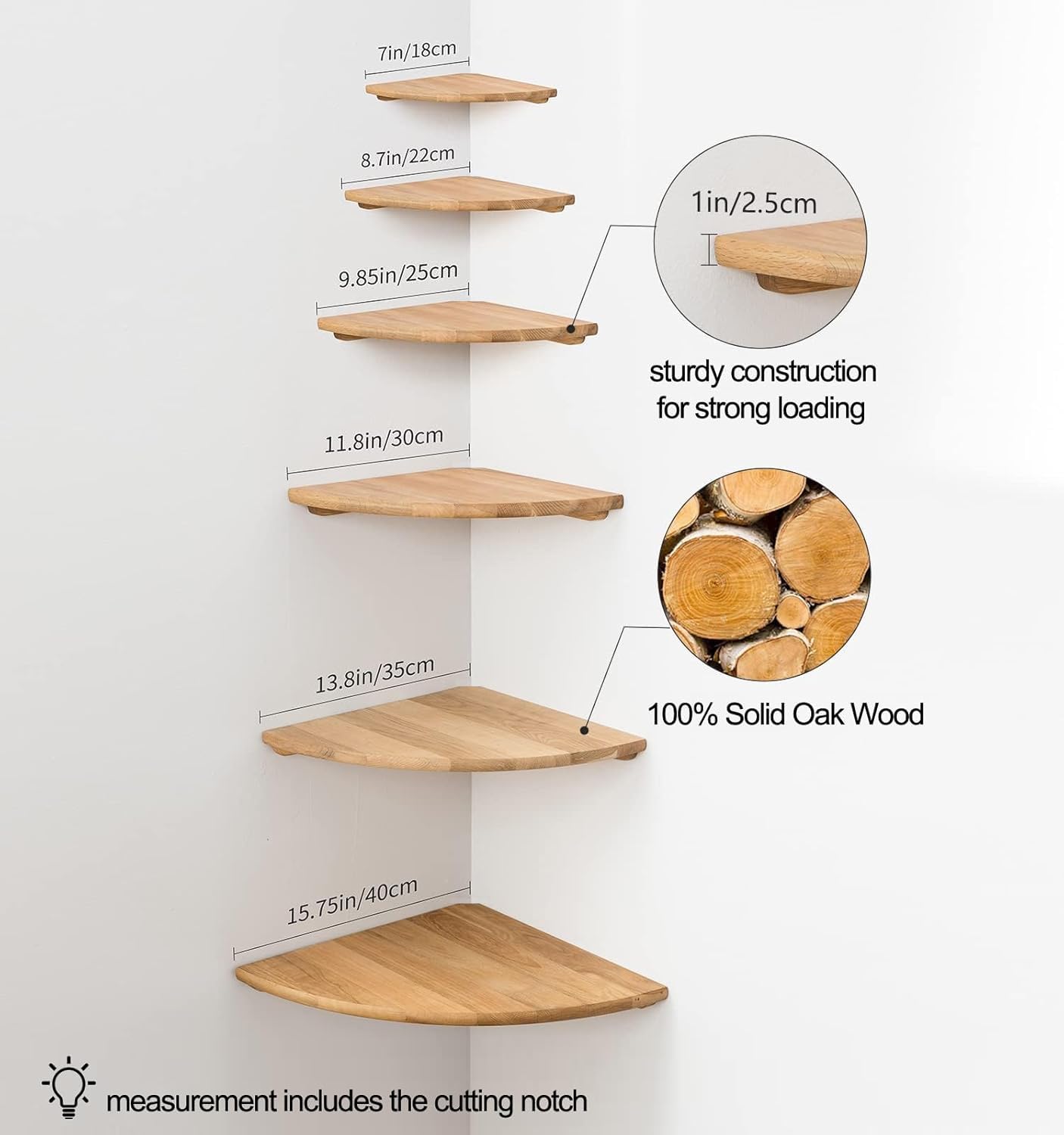 GIEANOO Corner Shelf, Solid Oak Wood Floating Corner Shelf Wall Mount 16inch Round End Floating Speaker Shelf With Wire Hole Shelves for Bedroom