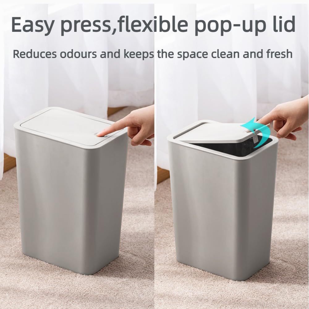 Sightday 2Pack 9L Grey Plastic Rectangular Bin with Lid, Push Button, Kitchen, Bathroom, Bedroom, Office, Living Room, Tight Spaces, Portable