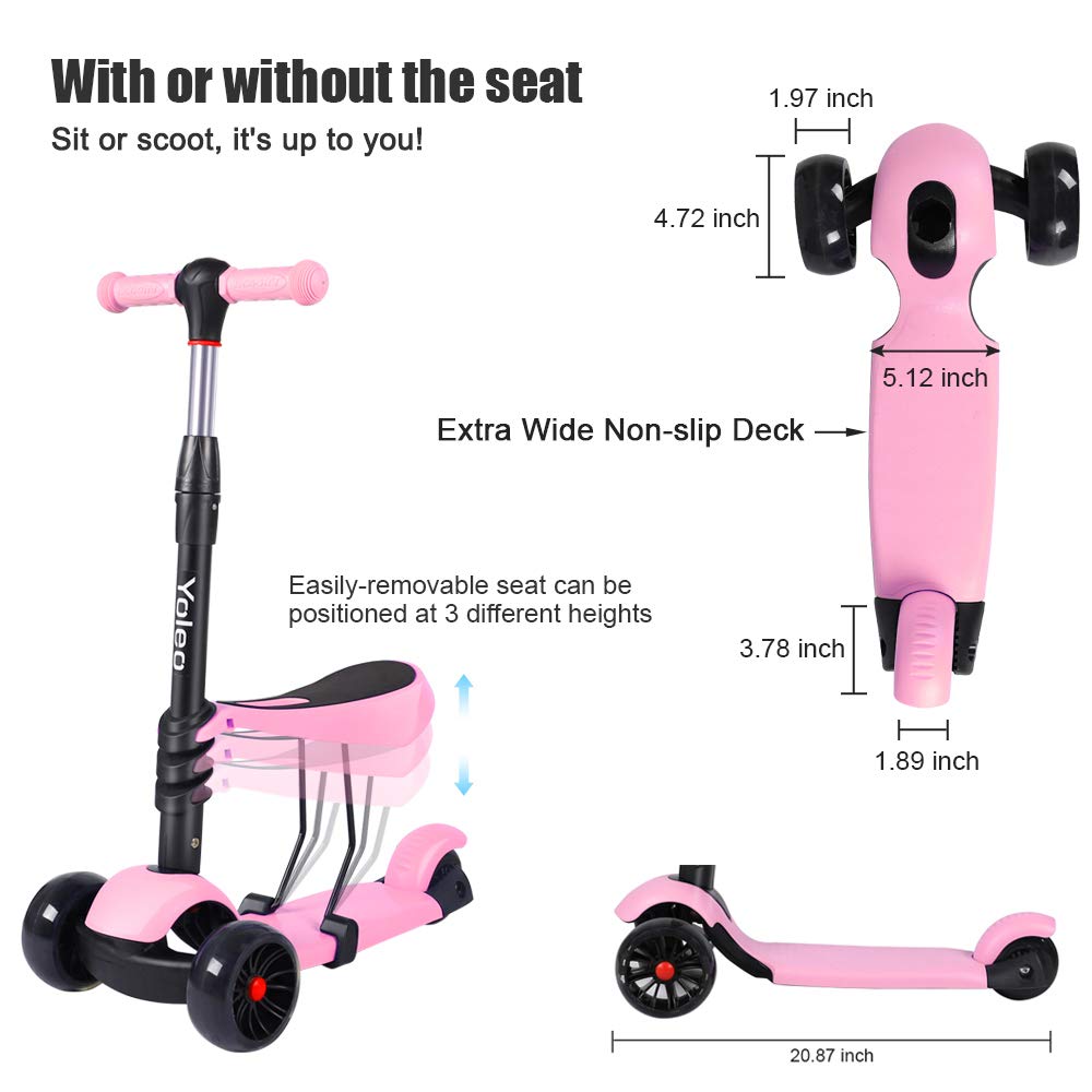 YOLEO Kids Three Wheel Kick Scooter with Removable Seat, LED Flashing Wheels, Height Adjustable, 3-in-1 Lightweight Children's Scooter Boys and Girls