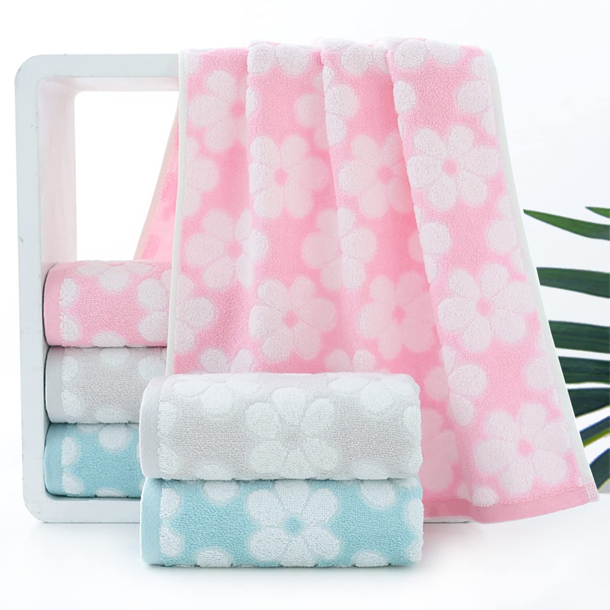 Pidada Hand Towels Set of 2 Floral Pattern 100% Cotton Soft Absorbent Decorative Towel for Bathroom (Light Grey)