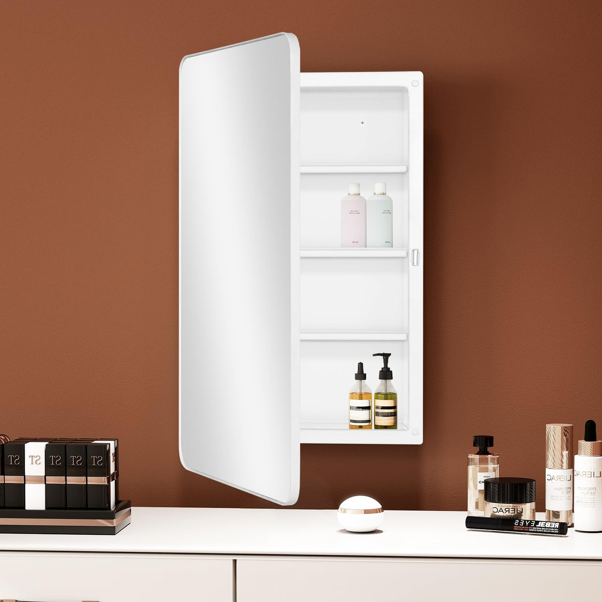 Fundin Plastic Mirror Cabinet with Round Corner Framed Door, Recessed and Surface Mount,White,40 x 71 cm