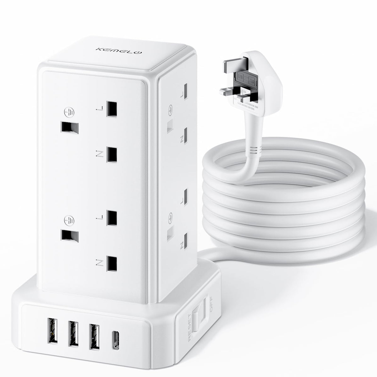 Tower Extension Lead with 8 Way Multi Plug Extension Tower & 4 USB Ports (13A),Mini Power Strip with Switch, 5M Extension Cable Surge Protection
